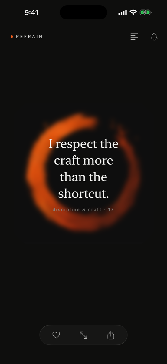 The Today screen: a saying inside an orange enso on black